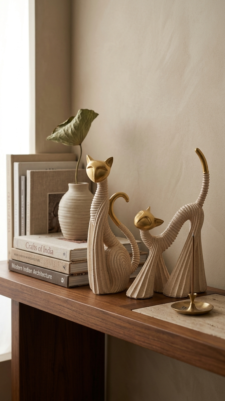 Handcrafted Modern Cat Showpiece Set – Gold & Ivory Ceramic Sculptures