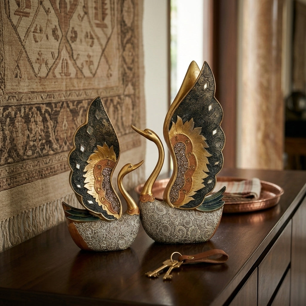 Golden swan pair showpiece for home decor India – Premium Finish Home Decor Statue for Living Room & Office