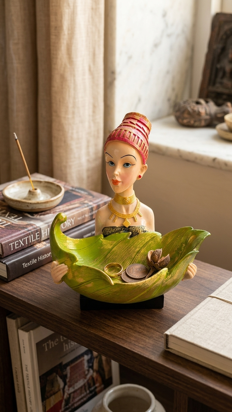 Handcrafted Lady with3 Pieces Leaf Bowl Showpiece Woman Figurine