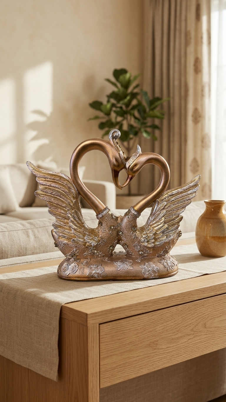 Handcrafted Golden Swan Couple Showpiece with Crystal Detailing – Premium Romantic Home Decor