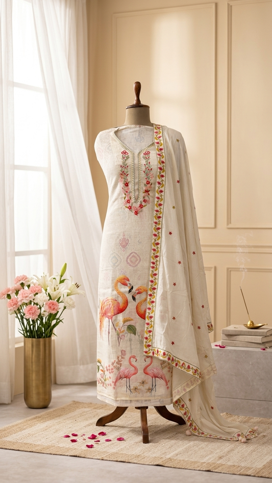 flamingo printed cotton suit set
