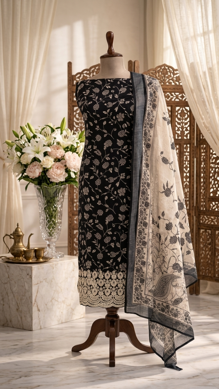 Black Ivory Floral Designer Suit Set with Dupatta – Ethnic Wear India