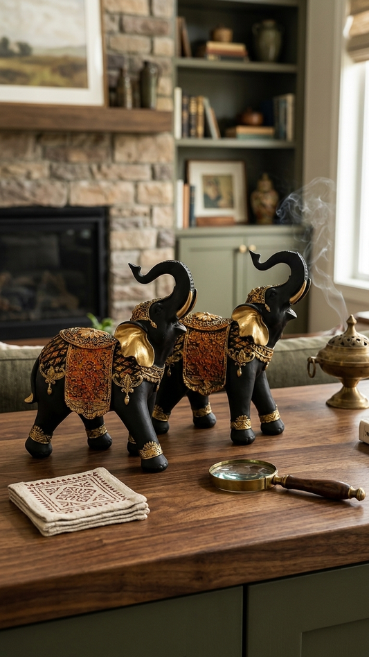 Black And Gold Elephant Statue Set for Home Decor – Vastu & Luck Decor