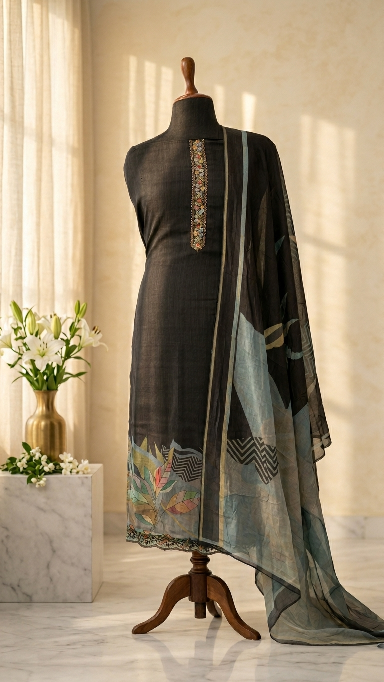 handcrafted black embroidered kurta set