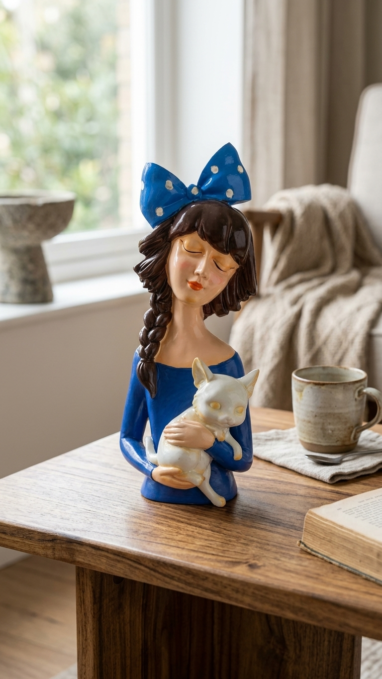 Handcrafted Girl with Cat Showpiece – Elegant Decorative Resin Sculpture for Home Decor & Gifting