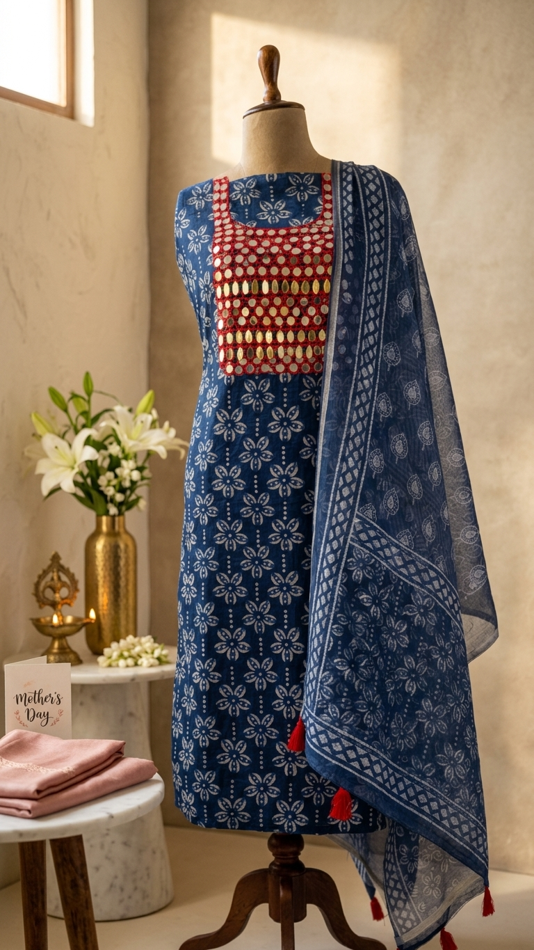 indigo printed unstitched suit set