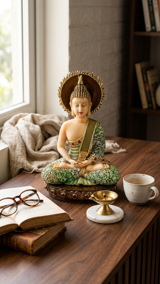 Handcrafted Green Buddha Idol with Halo – Elegant Meditation Statue