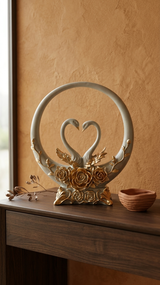 Handcrafted Swan Couple Showpiece with Floral Ring