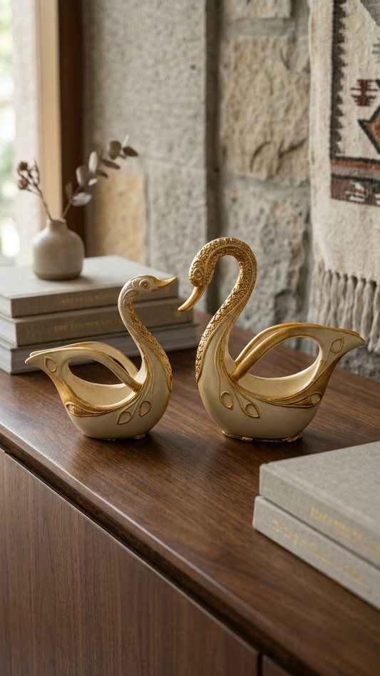 Handcrafted Ivory Gold Imperial Swan Showpiece Pair | Premium Resin Home Decor