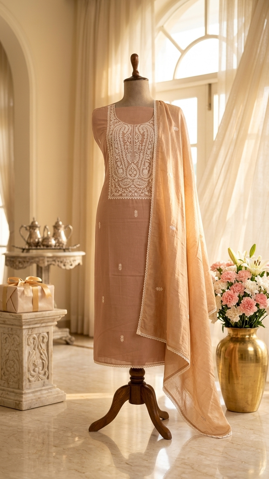 Beige Embroidered Designer Suit Set with Dupatta – Elegant Ethnic Wear