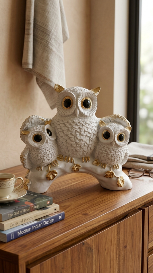 Handcrafted White Owl Family Showpiece with Gold Accents | Premium Made in India Home Decor
