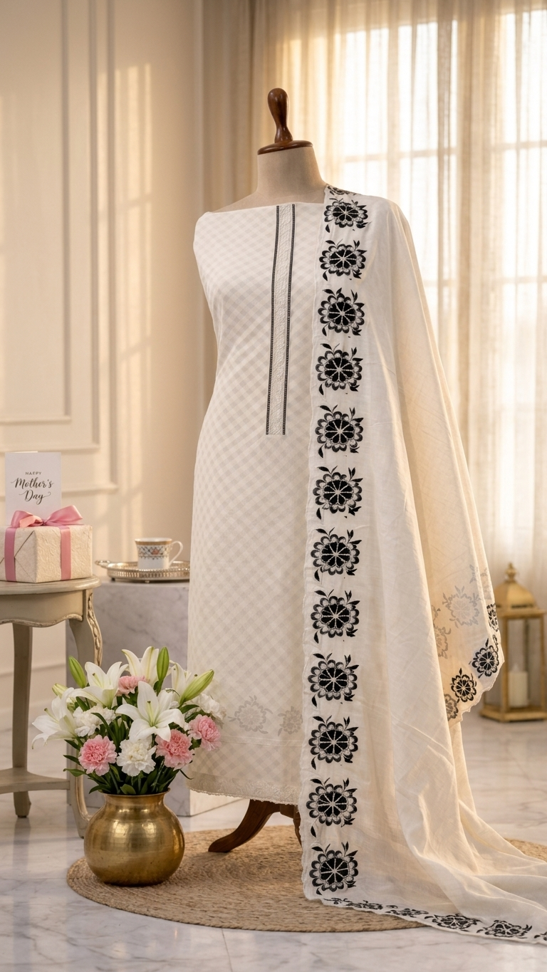 off white embroidered unstitched suit set