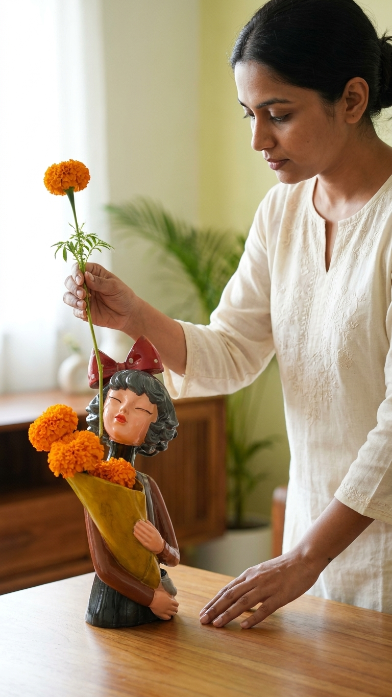 Handcrafted Lady Holding Bouquet Showpiece – Elegant Modern Resin Sculpture for Home Decor