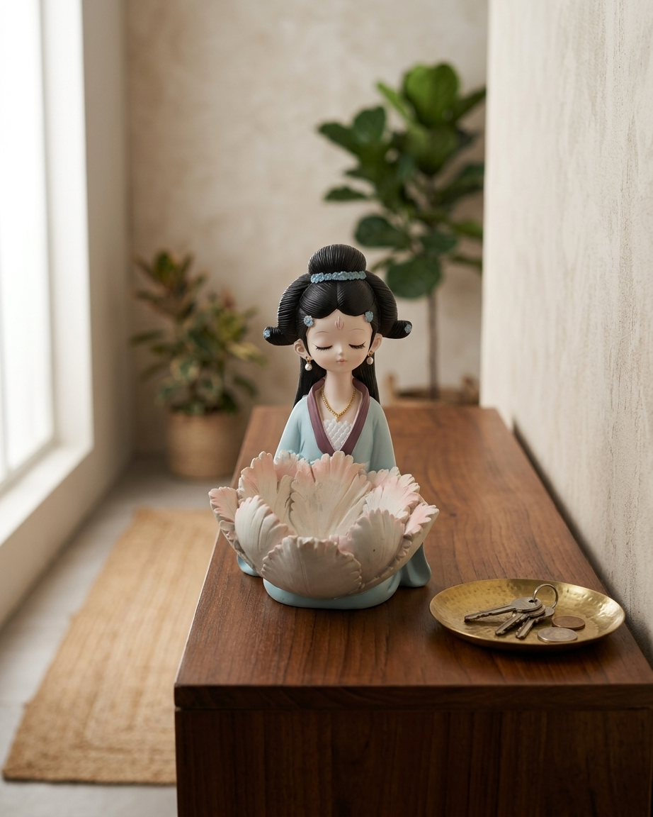 Handcrafted Floral Girl Showpiece with Lotus Bowl – Premium Decorative Accent for Home & Gifting