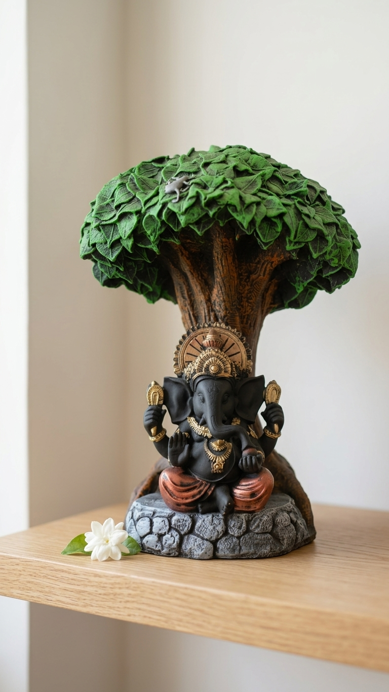 Handcrafted Ganesha Tree Showpiece – Premium Lord Ganesha Statue Under Sacred Tree for Home Decor & Gifting