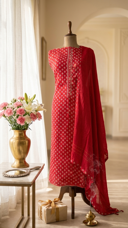 red cotton suit set with dupatta