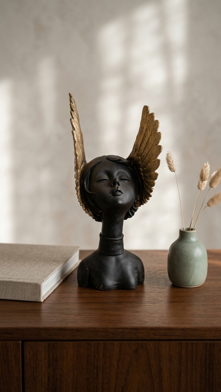 Handcrafted Black Angel Wings Lady Face Showpiece – Premium Resin Decorative Sculpture