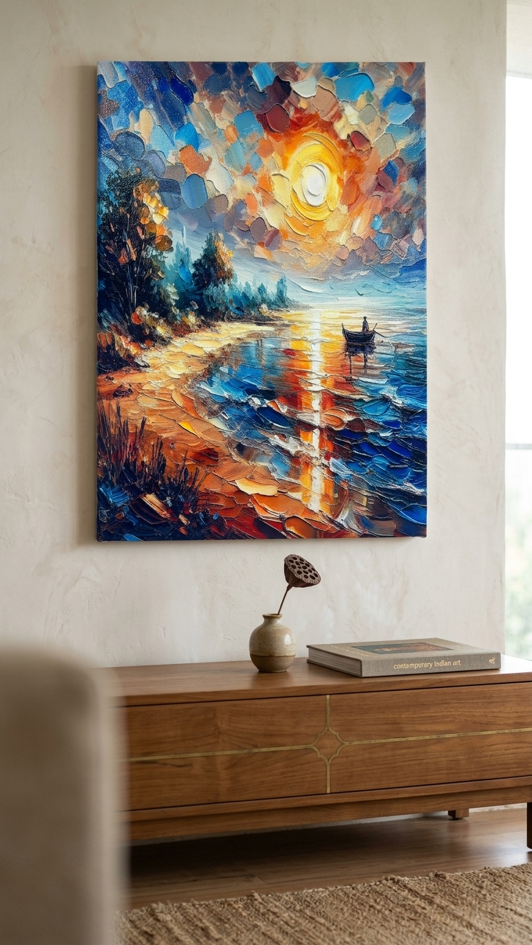 Handcrafted Abstract Sunset Lake Canvas Painting