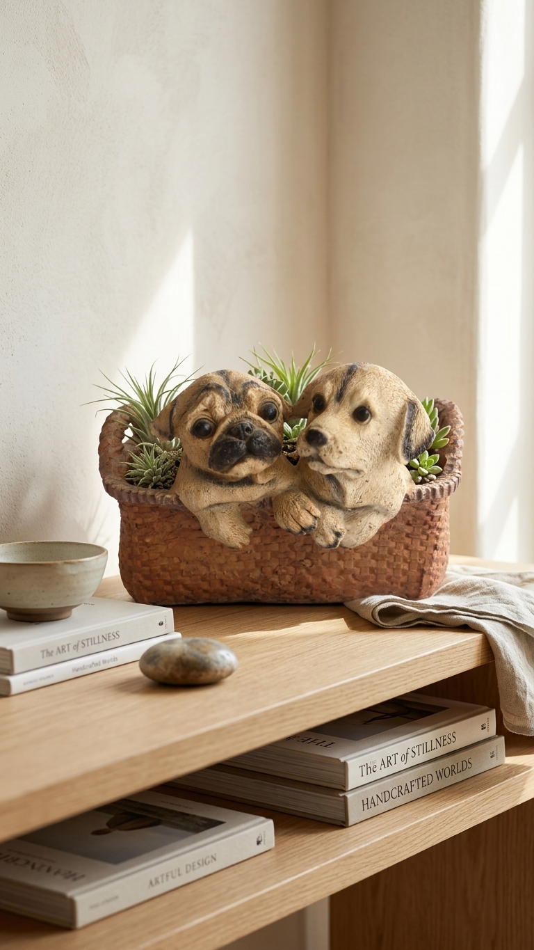 Cute dog figurine with basket for home decor India-Home Decor &Gifting
