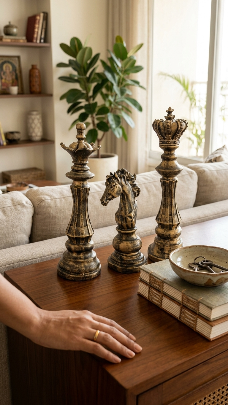 Handcrafted Chess Piece Sculpture Set – Premium King, Queen & Knight Decorative Showpiece