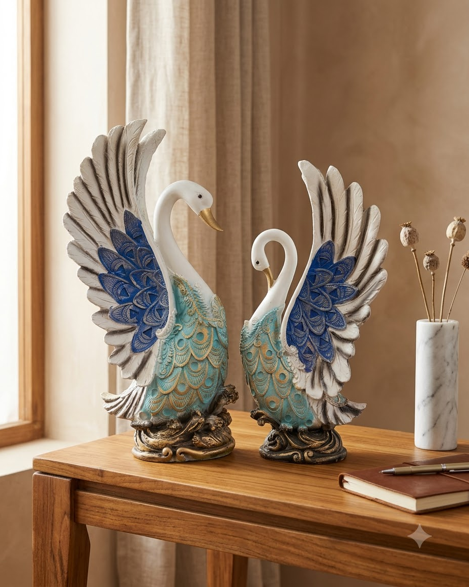 Blue and Gold Swan Couple Showpiece – Set of 2