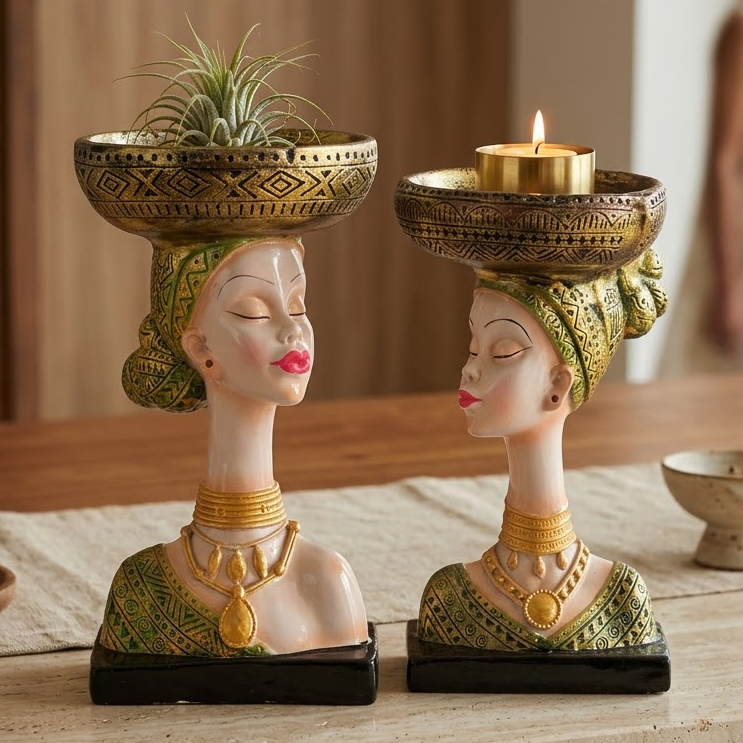 Two decorative female bust candle holders with gold and green patterns, one holding a small plant and the other a lit candle, displayed on a stone table in a warm indoor setting.
