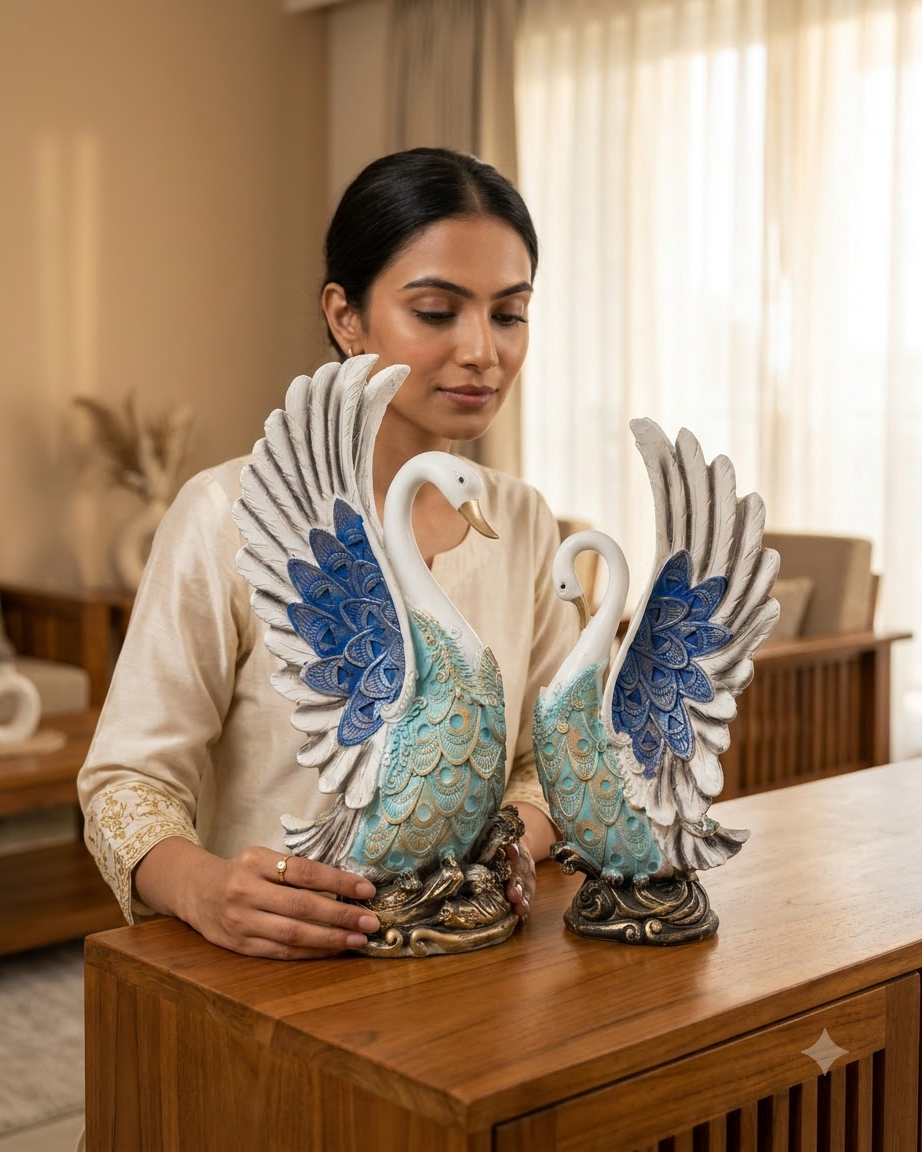 Blue and Gold Swan Couple Showpiece – Set of 2
