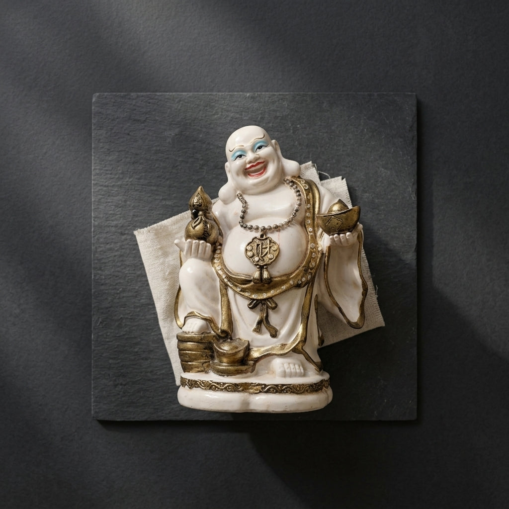 Handcrafted White Laughing Buddha Statue with Gold Detailing