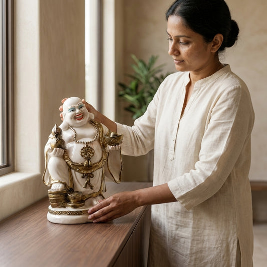 Handcrafted White Laughing Buddha Statue with Gold Detailing