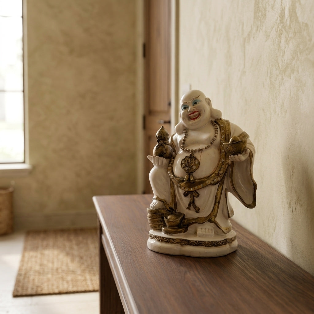 Handcrafted White Laughing Buddha Statue with Gold Detailing