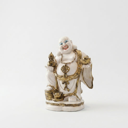 Handcrafted White Laughing Buddha Statue with Gold Detailing