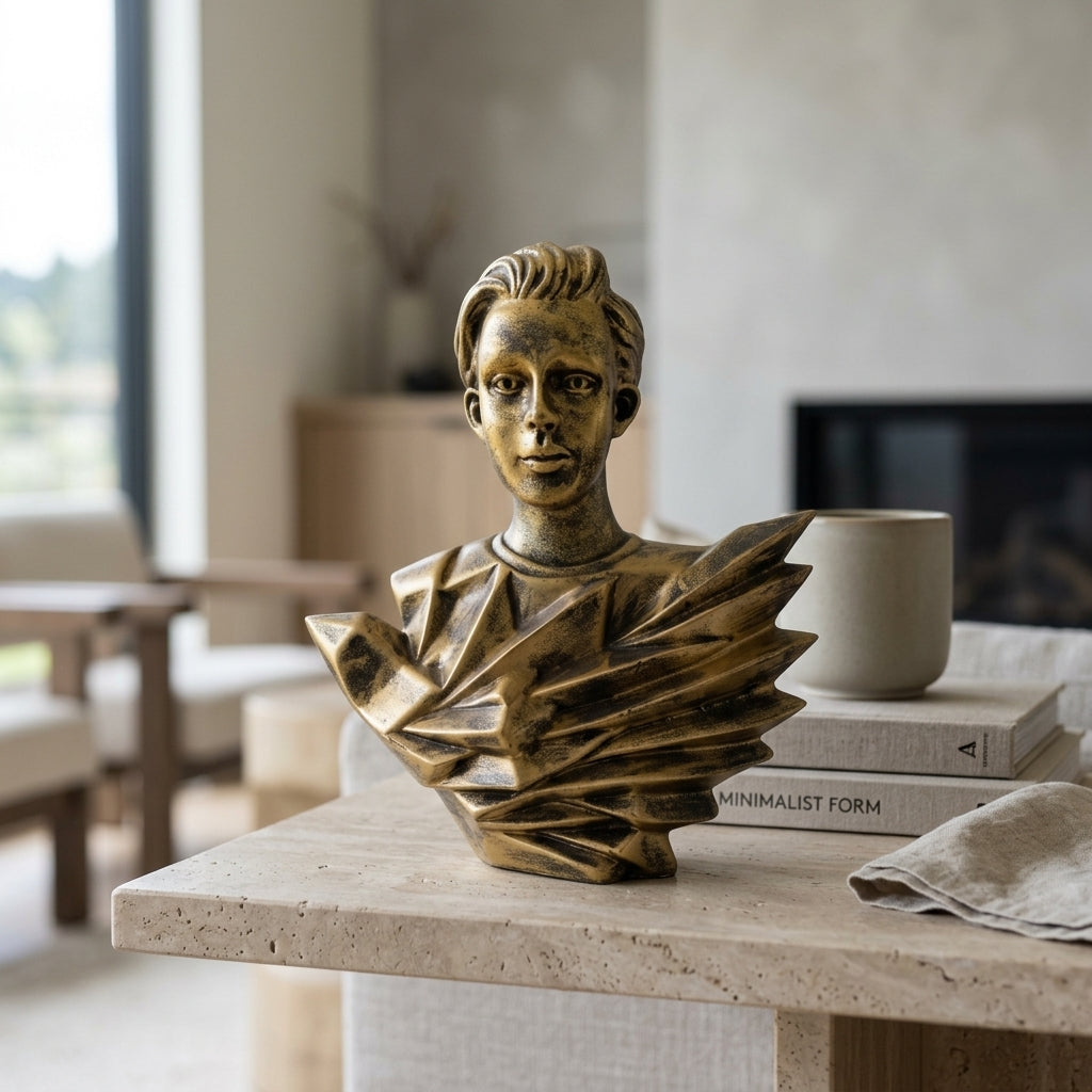 Handcrafted Geometric Gentleman Sculpture displayed in a modern home interior on a table.