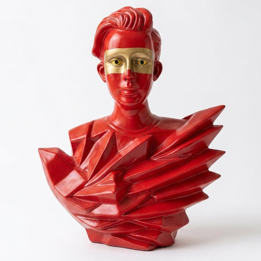 Handcrafted Geometric Gentleman Sculpture in red with abstract designs, perfect for modern interiors and unique gifting.