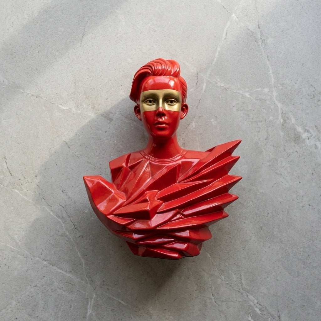 Handcrafted Geometric Gentleman Sculpture featuring a bold red and gold abstract design on a marble background.