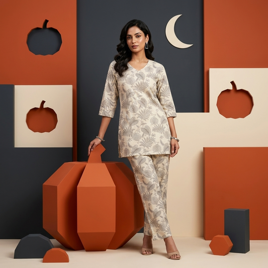 Women's Botanical Print Cotton Blend Co-Ord Set – Premium Relaxed Fit