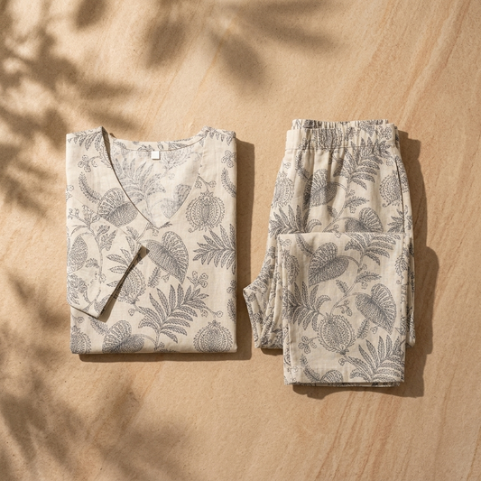 Women's Botanical Print Cotton Blend Co-Ord Set – Premium Relaxed Fit