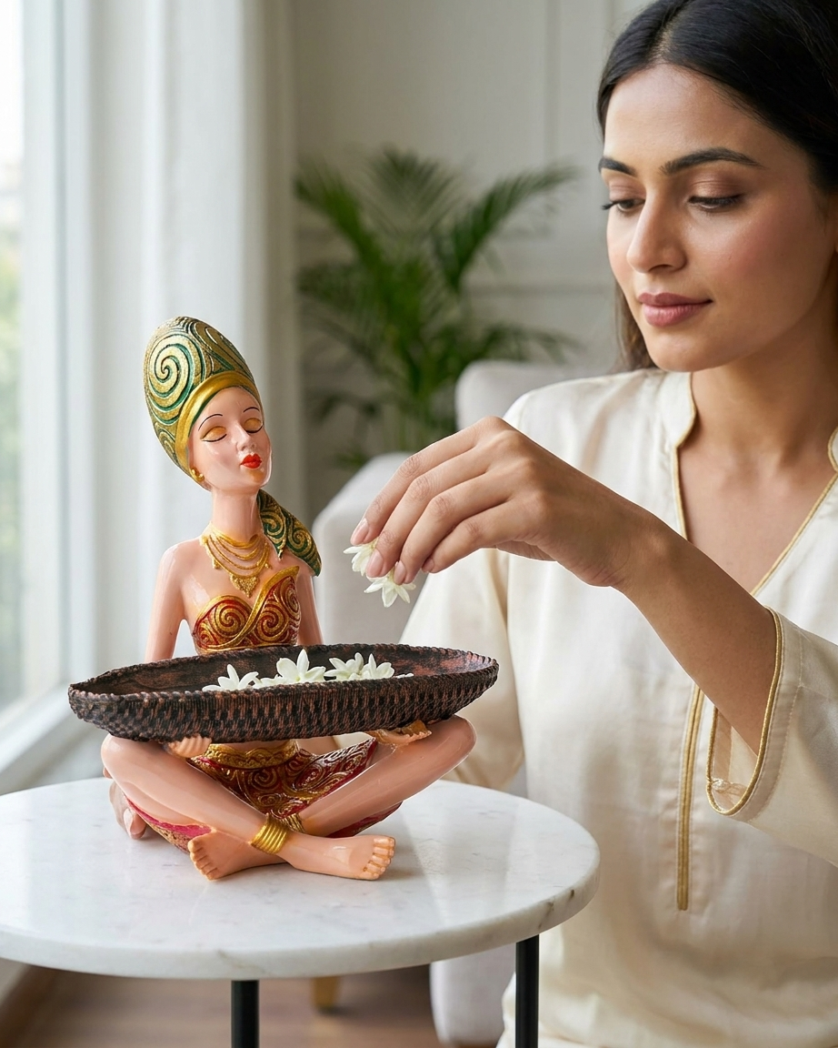 Handcrafted Tribal Lady Tray Holder Showpiece – Emerald Gold