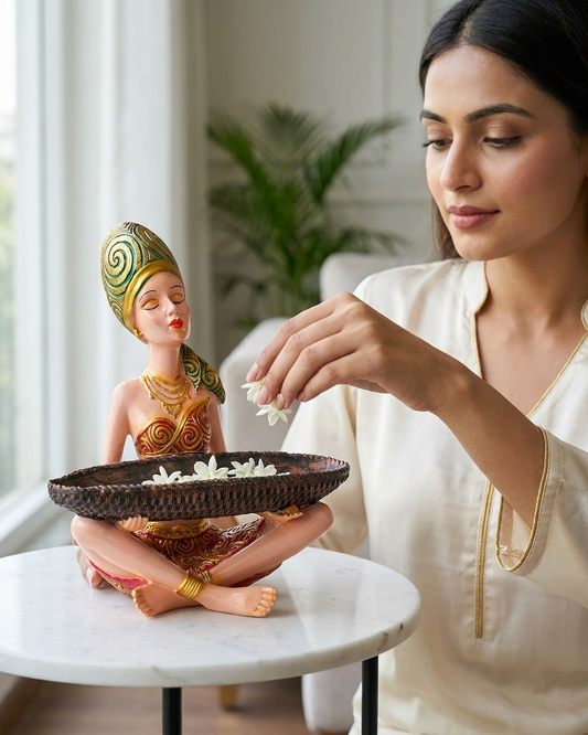 Handcrafted Tribal Lady Tray Holder Showpiece – Emerald Gold