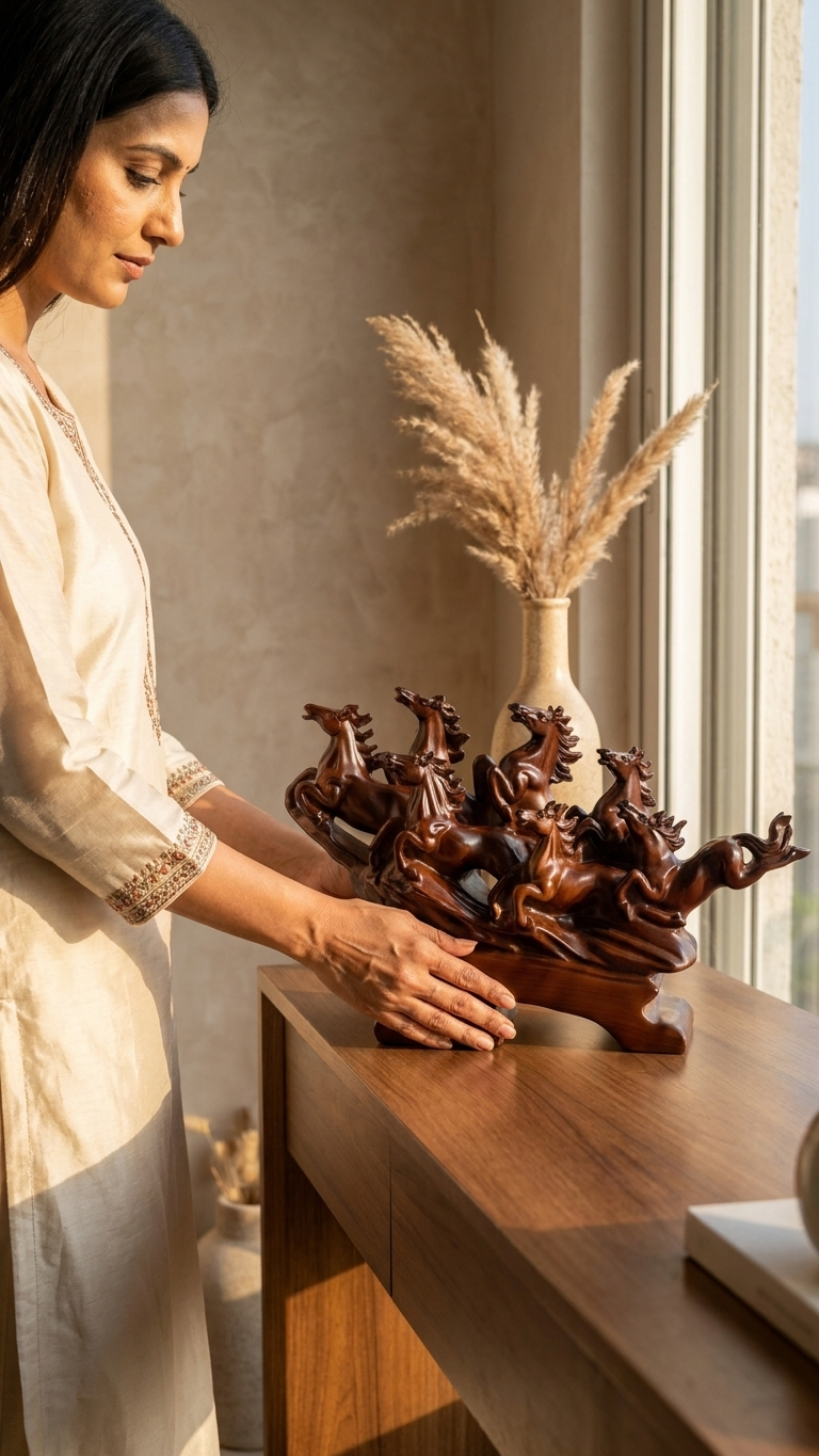 Handcrafted Eight Running Horses Showpiece on Wave Base – Premium Resin Vastu Decor