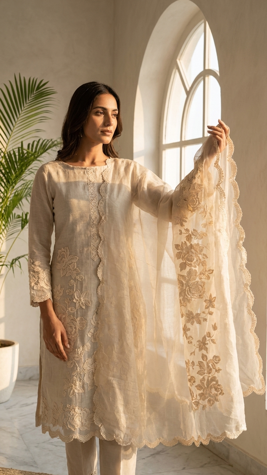 Beige Embroidered Designer Suit Set with Dupatta – Luxury Ethnic Wear