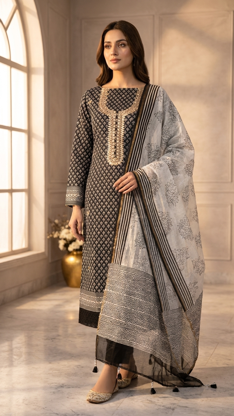 Black and White Embroidered Suit Set with Dupatta –Elegant Ethnic Wear