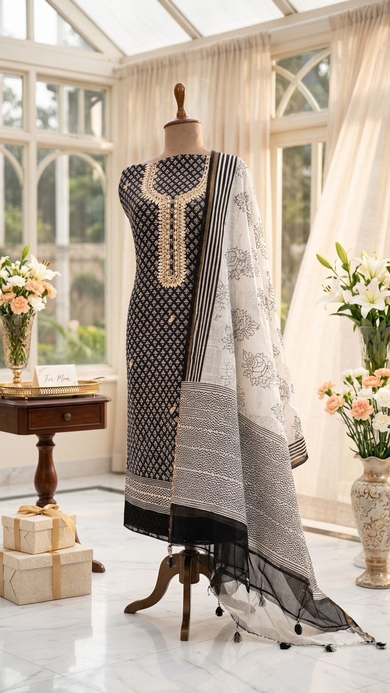 Black and White Embroidered Suit Set with Dupatta –Elegant Ethnic Wear