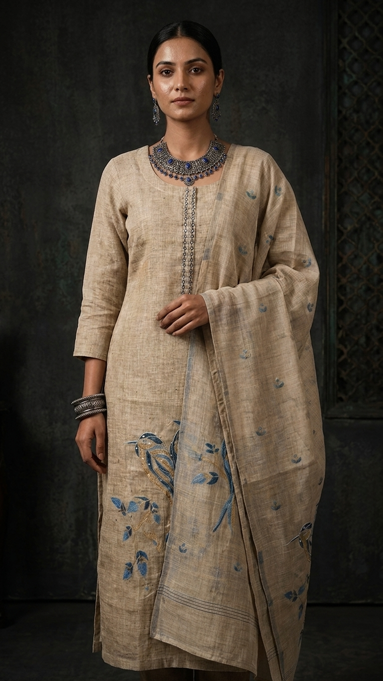 Beige Blue Designer Suit Set with Dupatta – Elegant Ethnic Wear India