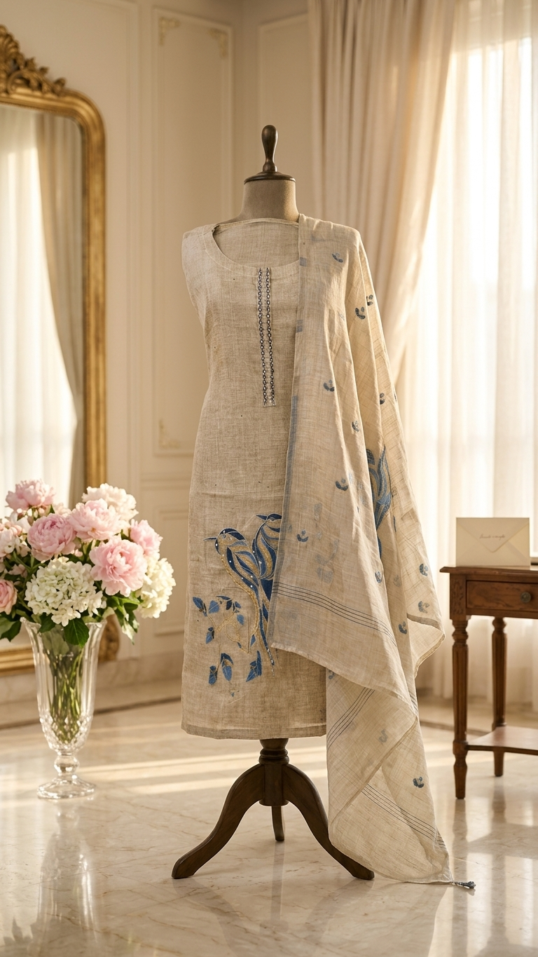 Beige Blue Designer Suit Set with Dupatta – Elegant Ethnic Wear India