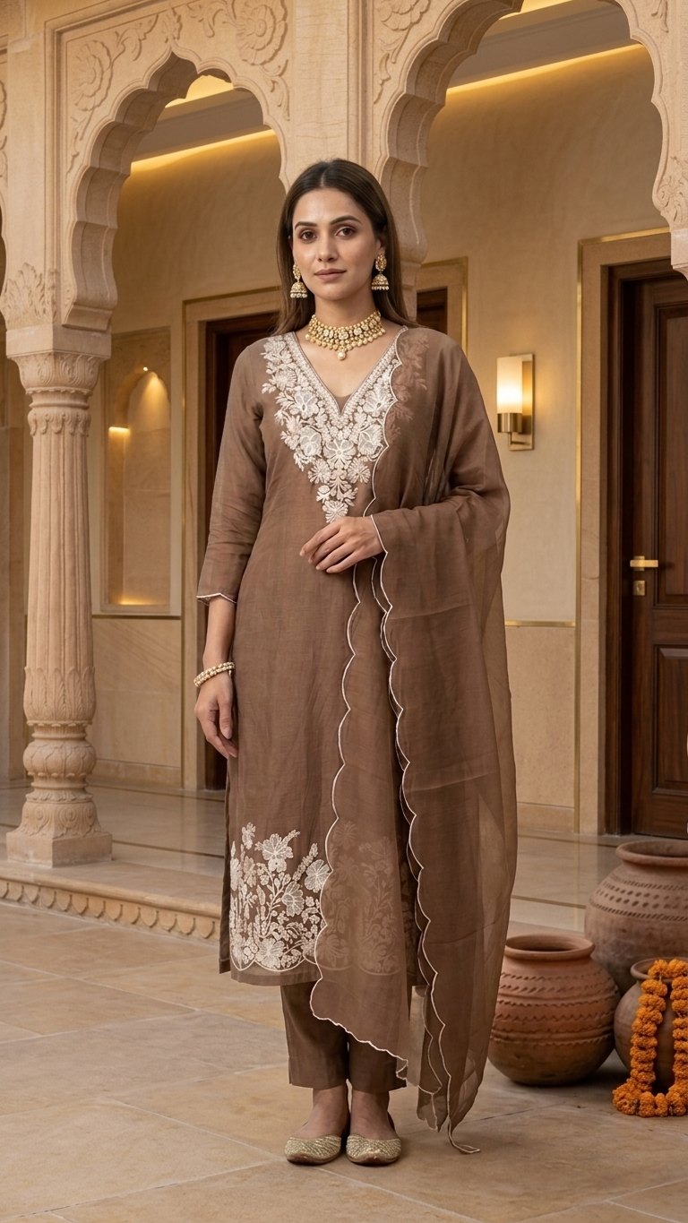 Brown Embroidered Designer Suit Set with Dupatta – Premium Ethnic Wear