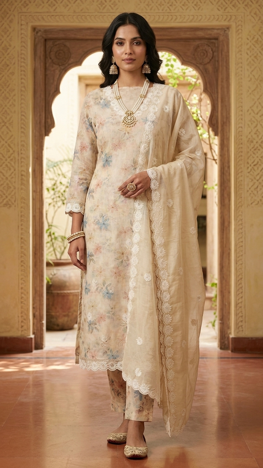 Pastel Floral Embroidered Suit Set with Dupatta – Ethnic Wear India