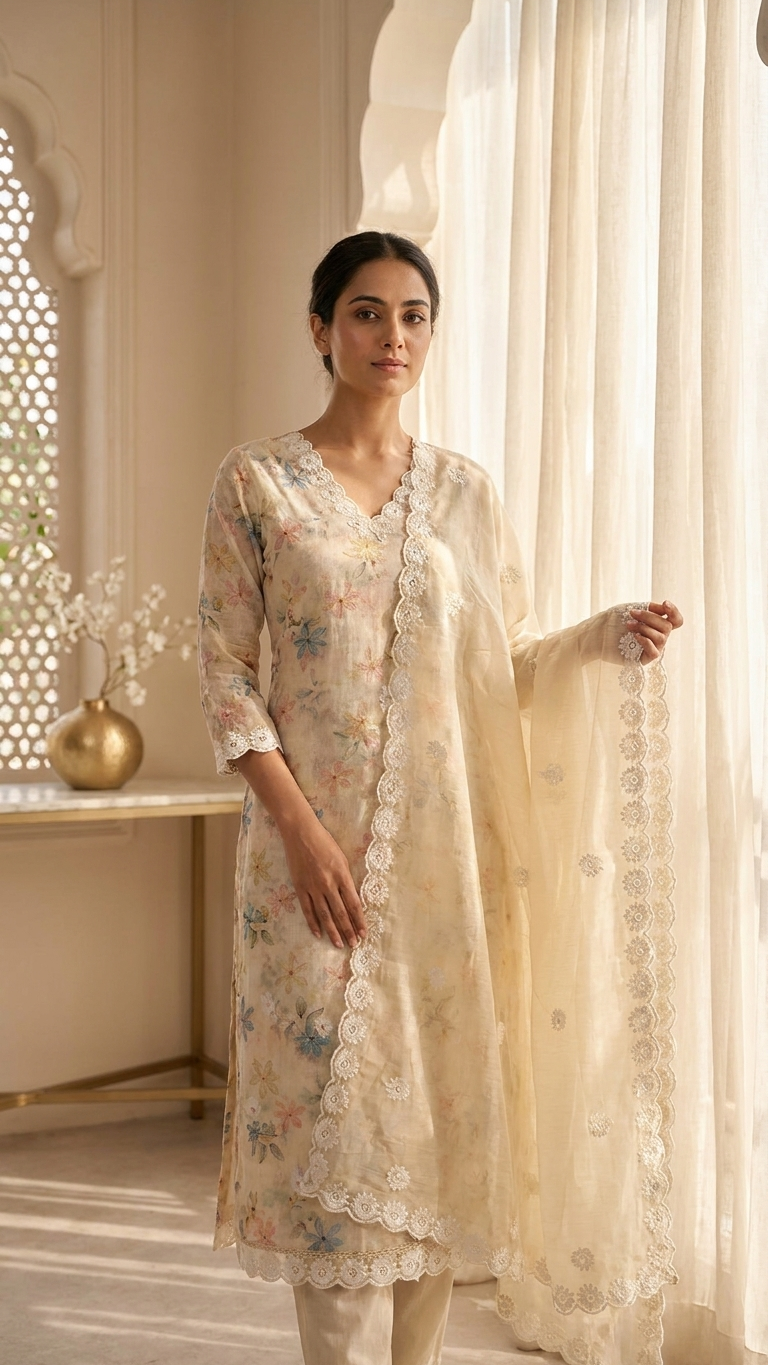 Pastel Floral Embroidered Suit Set with Dupatta – Ethnic Wear India