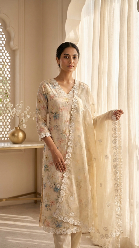 Pastel Floral Embroidered Suit Set with Dupatta – Ethnic Wear India