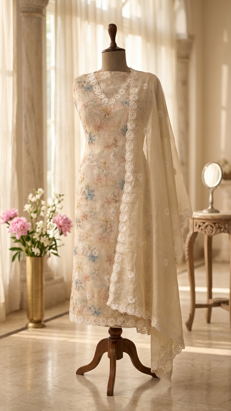 Pastel Floral Embroidered Suit Set with Dupatta – Ethnic Wear India