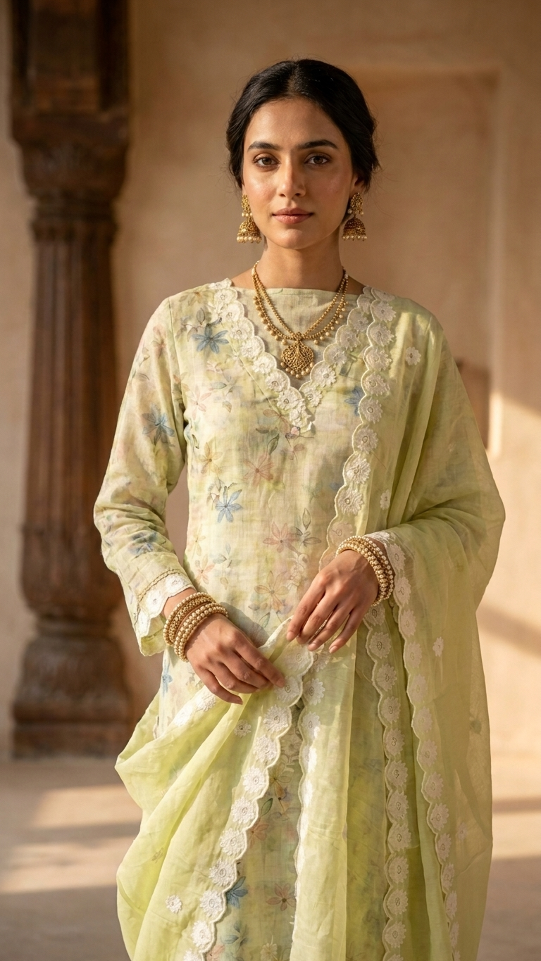 Pastel Green Floral Suit Set with Dupatta – Ethnic Wear India